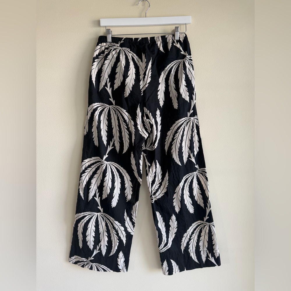 H&M Black Palm Print Wide Leg Pants Small Cotton Drawstring Semi Sheer Resort - Picture 7 of 13